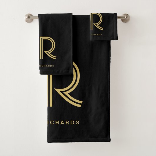 Eleganter Name des schwarzen Goldmonogramms  Badhandtuch Set (Insitu)