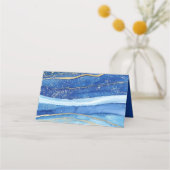 Eleganter Name für blaue und goldene Aquarellfarbe Platzkarte (Rückseite)