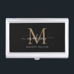 Eleganter Name für das Schwarze Gold Monogram, Gir Visitenkarten Dose<br><div class="desc">Elegante Black Gold Monogram Girly Script Name Business Card Fall</div>