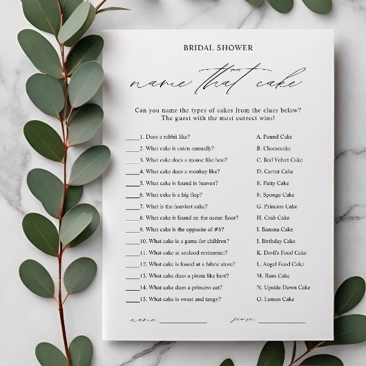 Eleganter Name für die Cake Brautparty Game Card Einladung