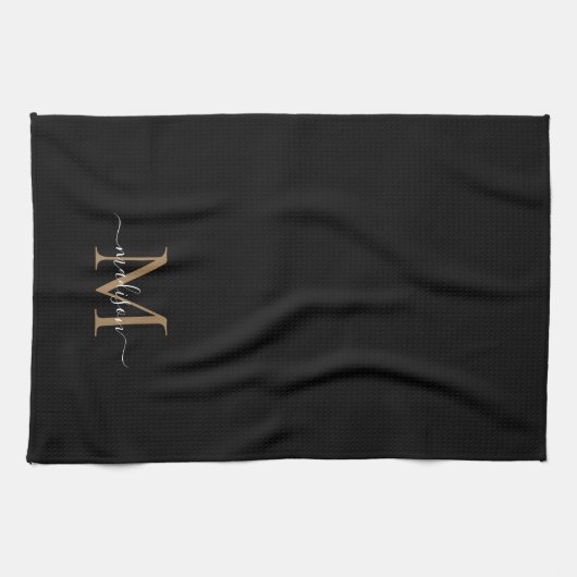 Eleganter Name für moderne Schwarze Gold Monogram- Geschirrtuch (Horizontal)