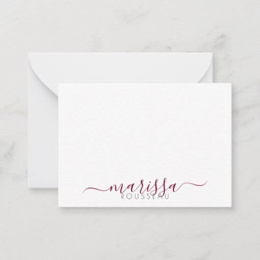 Eleganter Name für moderne Script Burgundy Monogra Mitteilungskarte (Vorderseite)