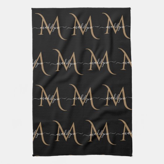 Eleganter Name für Schwarz-Gold Monogram-Skripte Geschirrtuch (Vertikal)