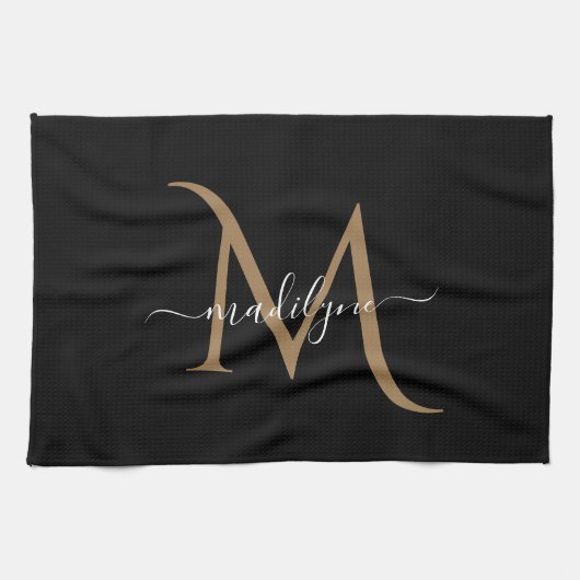 Eleganter Name für Schwarz-Gold Monogram-Skripte Geschirrtuch (Horizontal)