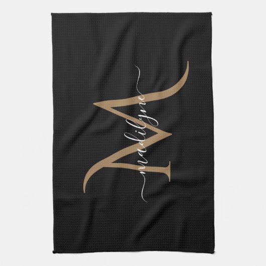 Eleganter Name für Schwarz-Gold Monogram-Skripte Geschirrtuch (Vertikal)