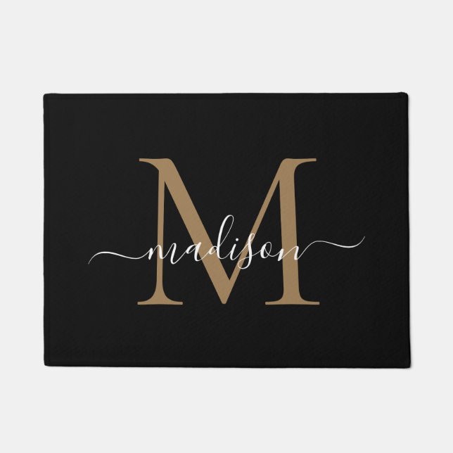 Eleganter Name für Schwarz-Gold-Monogramm-Skripte Fußmatte (Vorderseite)