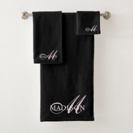 Eleganter Name für Schwarz-Rosa-Monogramm-Script Badhandtuch Set