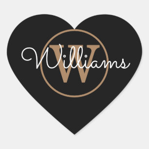 Eleganter Name für Schwarz und Gold Monogramm Herz-Aufkleber