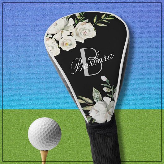 Eleganter Name für Schwarz-Weiß-Blütenmonogramm Golf Headcover