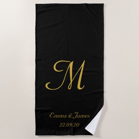 Eleganter Name Gold und Black Monogram Newlyweds Strandtuch (Vorderseite)
