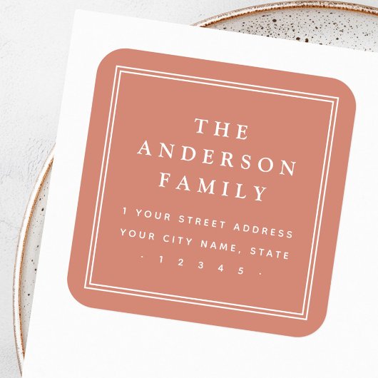 Eleganter Name Grenze Terracotta Rücksendeadresse Quadratischer Aufkleber