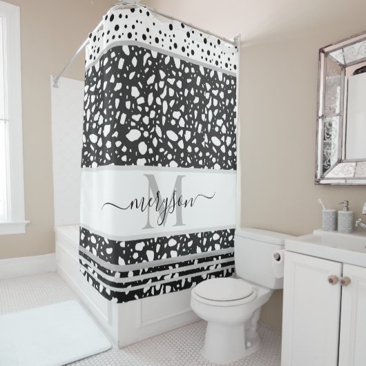 Eleganter Name & Mit Monogramm Weiß und Schwarz Duschvorhang (Beispiel)