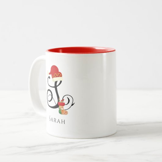 Eleganter Name Moderner Anfangsbrief Weihnachten Zweifarbige Tasse (Vorderseite Links)