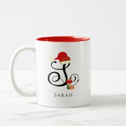 Eleganter Name Moderner Anfangsbrief Weihnachten Zweifarbige Tasse (Links)
