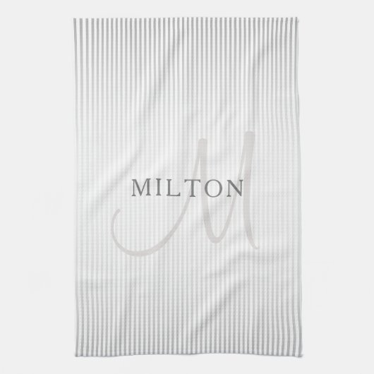 Eleganter Name Monogram & Thin Gray Ombre Streifen Geschirrtuch (Vertikal)