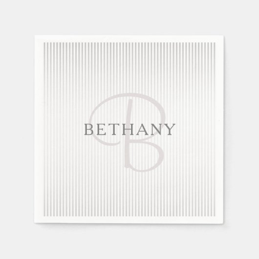 Eleganter Name Monogram & Thin Gray Ombre Streifen Serviette (Vorderseite)