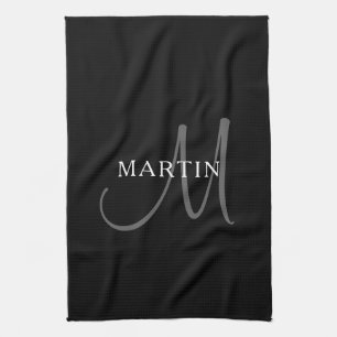 Eleganter Name Monogramm Schwarz Weiß & Grau Geschirrtuch