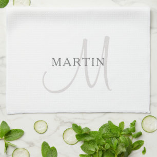 Eleganter Name Monogramm   Weiß & Grau Geschirrtuch