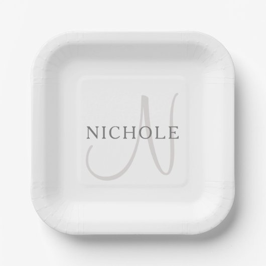 Eleganter Name Monogramm | Weiß & Grau Pappteller (Vorderseite)