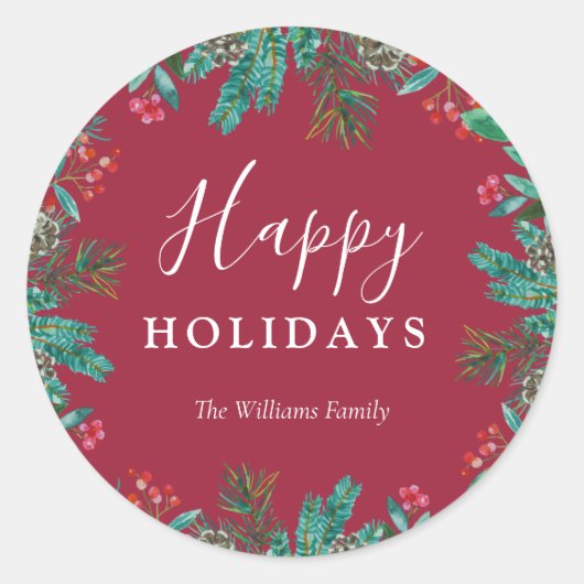 Eleganter Name Red Happy Holidays Wreath Runder Aufkleber (Vorderseite)