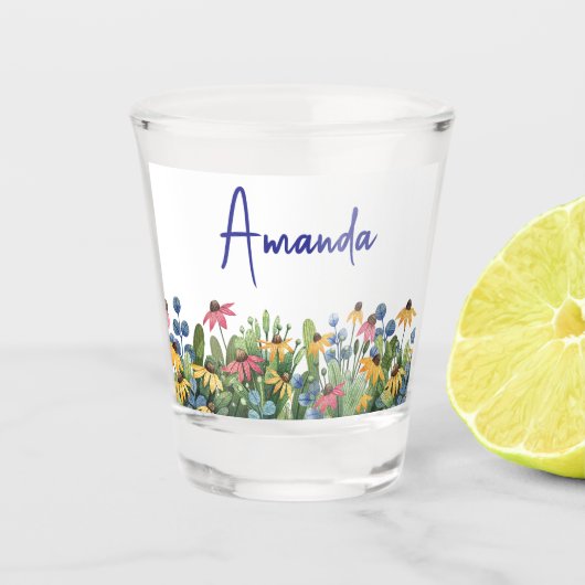 Eleganter Name, Summer Watercolor Wildblumen 1,5 o Schnapsglas (Vorderseite)