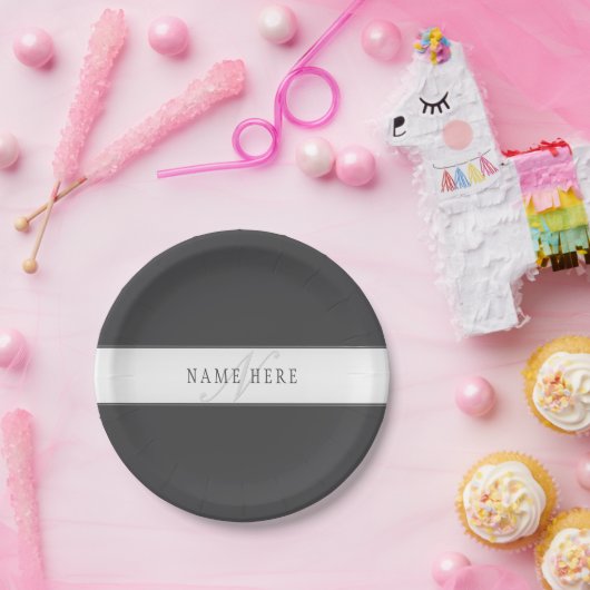 Eleganter Name und Monogramm | Dunkel und leicht g Pappteller (Party)