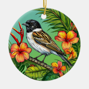 Eleganter Naturvogel mit Blumen Dekoratives Design Keramik Ornament
