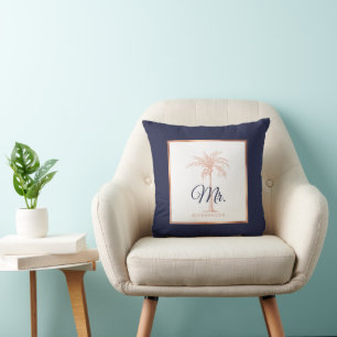 Eleganter Navy-Blauer Rosen-Gold-Palmenbaum-Hochze Kissen