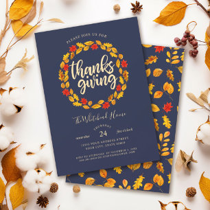 Eleganter Navy-Blauer Thanksgiving-Herbstlaubkranz Einladung