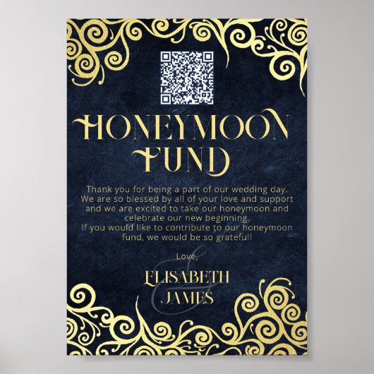 Eleganter Navy Blue and Gold QR Code Honeymoon Fun Poster (Vorne)