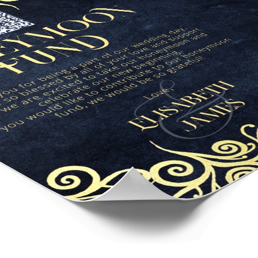 Eleganter Navy Blue and Gold QR Code Honeymoon Fun Poster (Ecke)