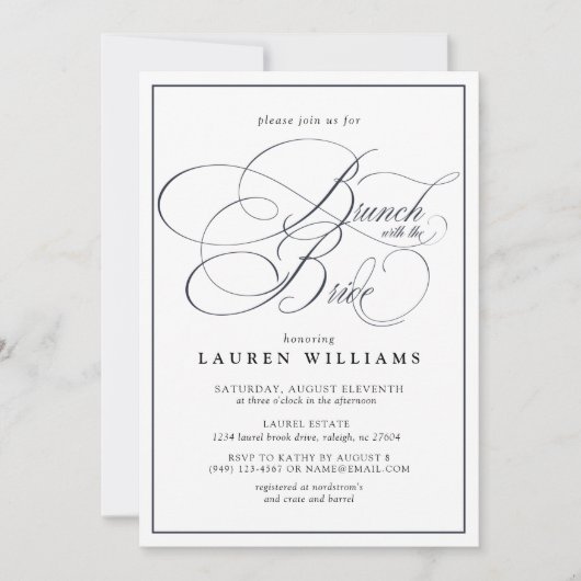 Eleganter Navy Blue Calligraphy Brunch mit Bride Einladung (Vorderseite)