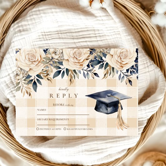 Eleganter Navy Blue Floral Abschluss RSVP Karte