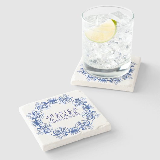 Eleganter Navy Blue Floral Frame Steinuntersetzer (Seitenansicht)