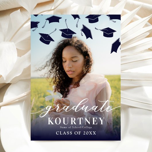 Eleganter Navy Blue Foto Abschluss Einladung