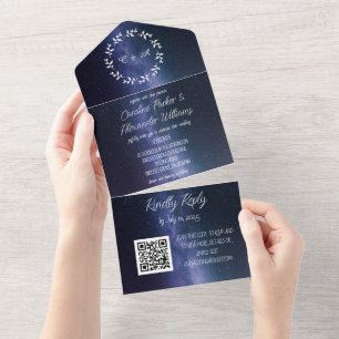 Eleganter Navy Blue Galaxy Moderner UAWG QR Code All In One Einladung