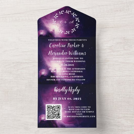 Eleganter Navy Blue Galaxy Moderner UAWG QR Code All In One Einladung (Innen Boden)