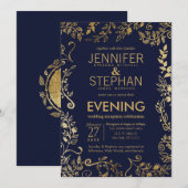Eleganter Navy Blue Gold Floral Empfang Einladung (Vorne/Hinten)