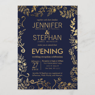 Eleganter Navy Blue Gold Floral Empfang Einladung