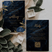 Eleganter Navy Blue Gold Floral QR Code Hochzeit Einladung