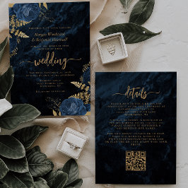 Eleganter Navy Blue Gold Floral QR Code Hochzeit Einladung