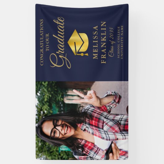 Eleganter Navy Blue Gold Foto Abschluss Banner (Vertikal)