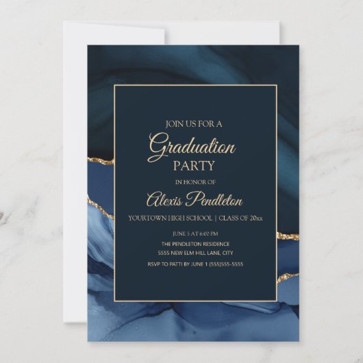 Eleganter Navy Blue Gold Marble Agate Abschluss Einladung (Vorderseite)