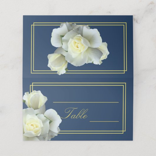 Eleganter Navy Blue Gold White Rose Doppelrahmen Platzkarte (Außenseite Aufgefaltet)