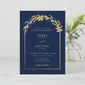 Eleganter Navy Blue Golden Foliage Wedding Arch Einladung (Stehend Vorderseite)