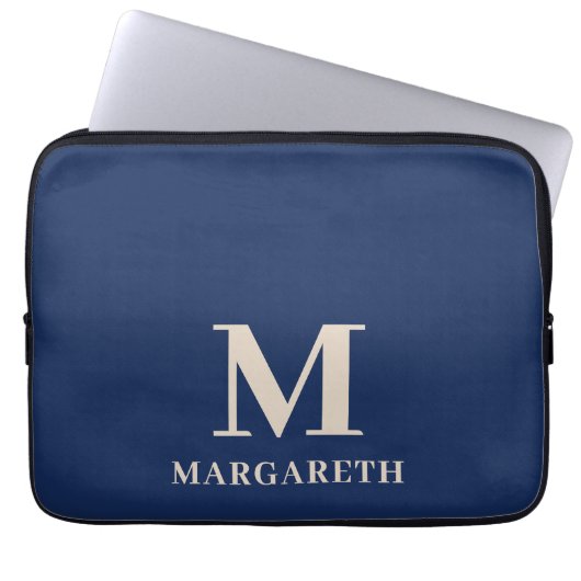 Eleganter Navy Blue Monogram Laptop Sleeve (Vorderseite)