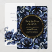 Eleganter Navy Blue Rose Blumen- und Goldschwarzra Einladung (Vorne/Hinten)