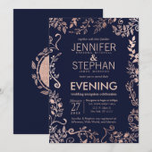 Eleganter Navy Blue Rose Gold Floral Empfang Einladung (Vorne/Hinten)