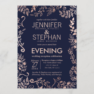 Eleganter Navy Blue Rose Gold Floral Empfang Einladung