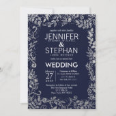 Eleganter Navy Blue Silver Floral Glitzer Hochzeit Einladung (Vorderseite)